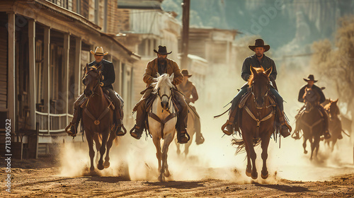 Cowboys riding in an old wild west town photo
