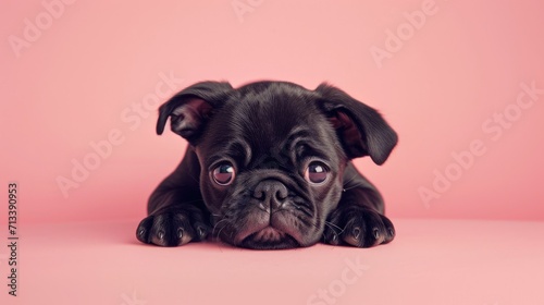 Photo portrait of a cute lying pug puppy on a pink background