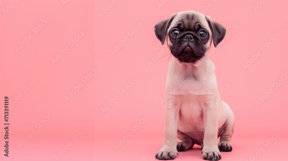 Photo portrait of a cute sitting pug puppy on a pink background