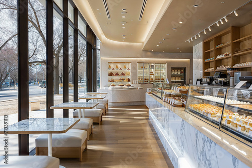 Contemporary bakery cafe with spacious interior, marble counters, and large windows inviting natural light, perfect for coffee and pastry lovers.