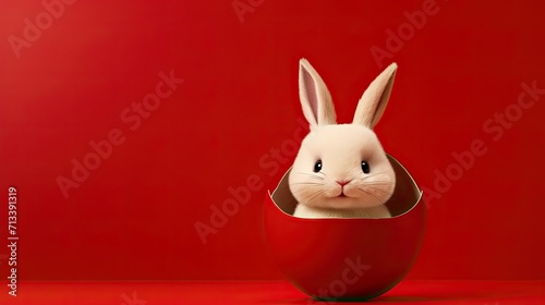White Easter bunny in side cracked red easter egg, Red Minimalist minimalism background