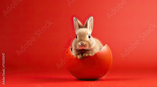 White Easter bunny in side cracked red easter egg, Red Minimalist minimalism background