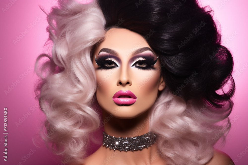 Portrait of drag queen with dramatic makeup and big hair in front of pink background
