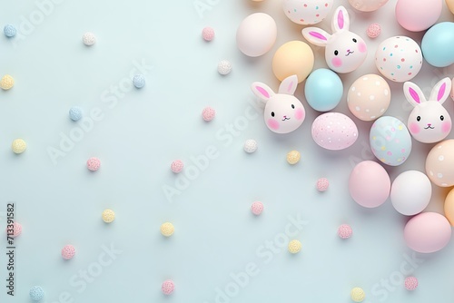 Colorful pastel colored Easter eggs on blue background, Minimalist Easter sunday Christian holiday banner
