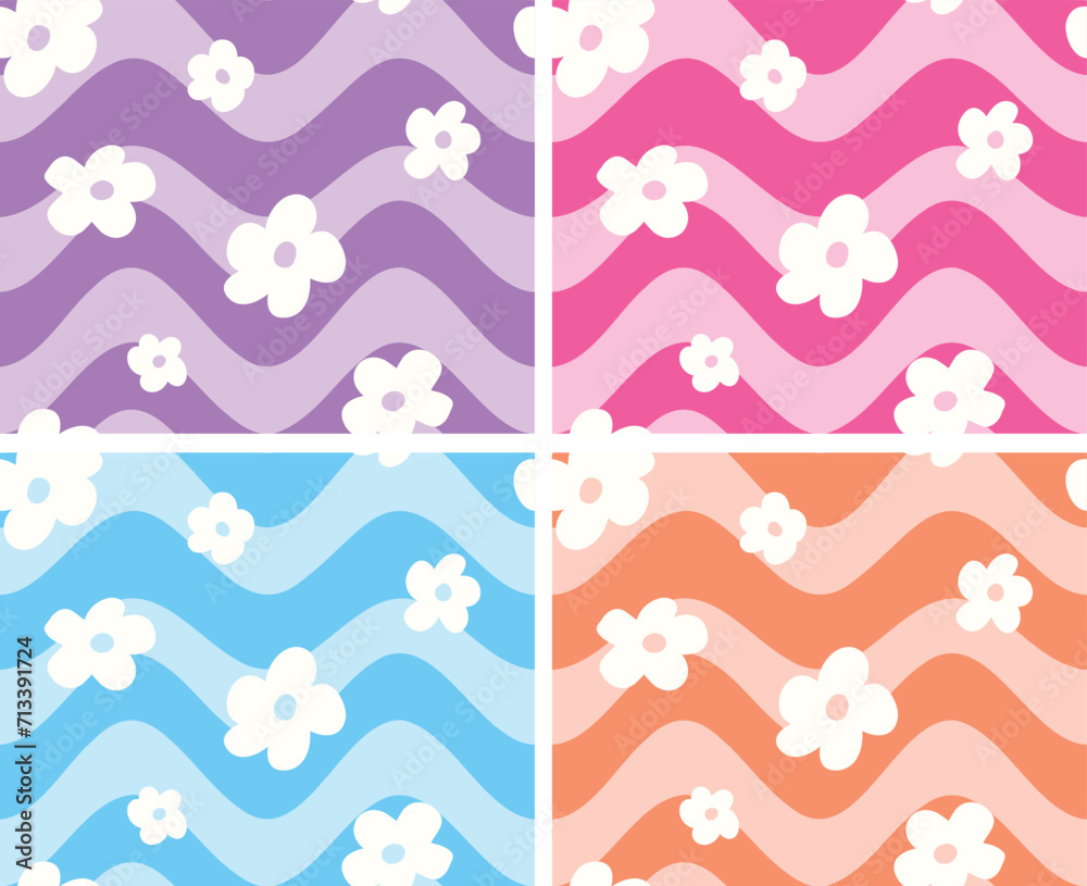 Wavy stripe pattern with flowers in girly bright colours. seamless vector print set. fun retro stripes. For girls teens swimwear and fashion