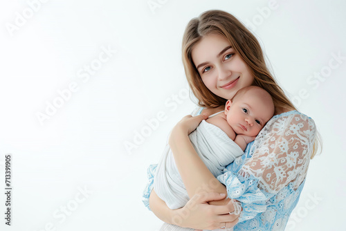 Portrait of mom holding baby with her arms isolated on white background, love moment, newborn sleeping tenderly in arms, cute little infant.