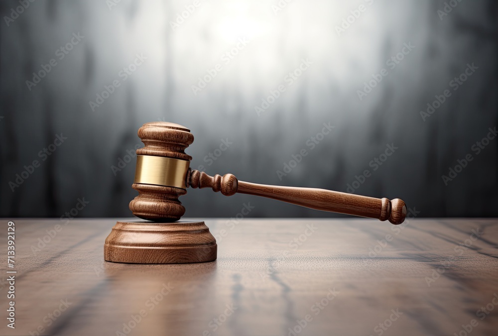 An emblem of law and justice, a wooden gavel is displayed on a reflective surface. An emblem of law and justice, a wooden gavel is displayed on a reflective surface.