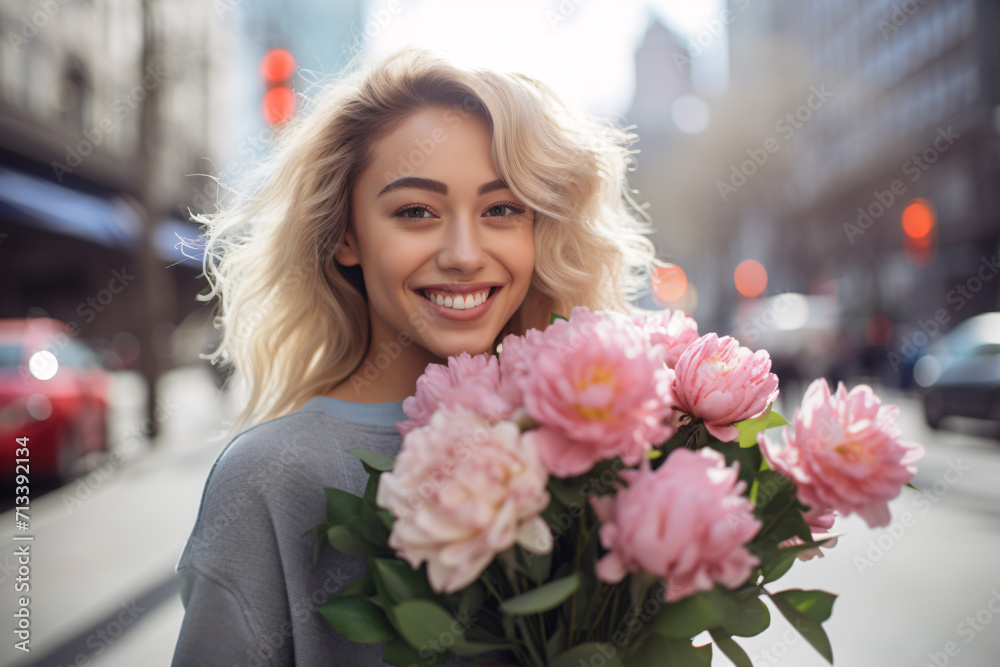 Blond happy woman with pink flower bouquet Blond happy woman with pink flower bouquet