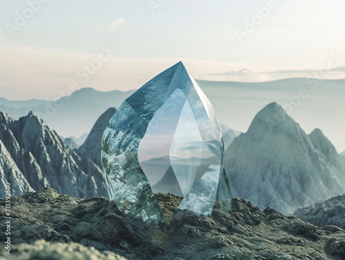 Pure quartz crystal minerals gemstones, stone valley in the background. Exhaustible natural resources photo