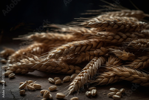 Ears of wheat, wheat grains close-up. Flour making concept. Generative AI.