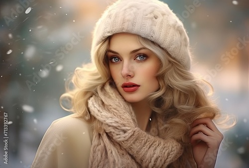 A captivating beauty portrait of a winter woman model showcasing vibrant and colorful makeup.
