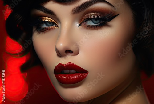 A close-up portrait highlighting a woman adorned with red lipstick on her lips  accentuating the beauty of women and cosmetics.