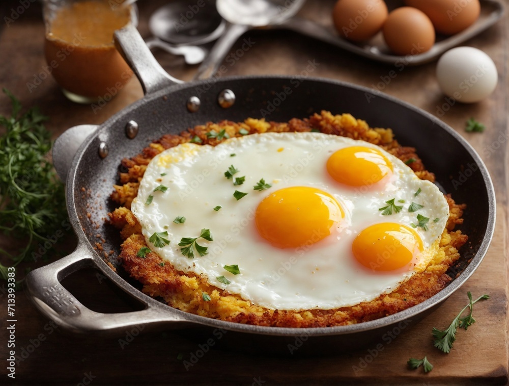 Fried eggs in a frying pan with vegetables. AI Generated. Fried eggs in a frying pan with vegetables. AI Generated.