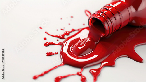 close-up of liquid red nail polish pouring out of a glass bottle on a white background