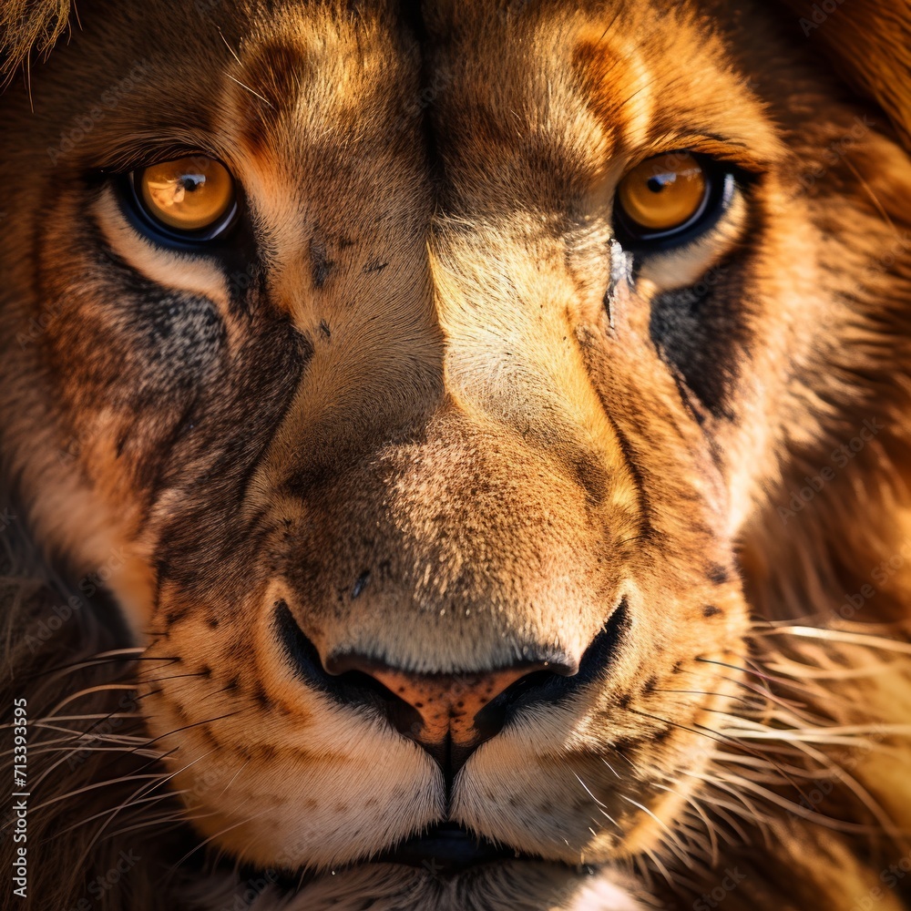 Close-up portrait of a lion, a royal feline. dark background with illuminated face. Big beautiful yellow eyes.