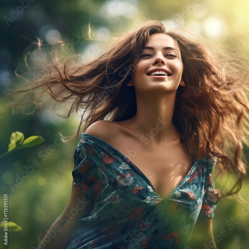 Portrait of beautiful young woman with flying hair in the park.AI.