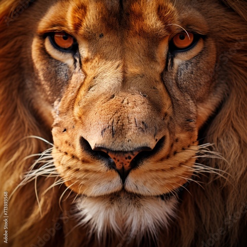 Close-up portrait of a lion  a royal feline. dark background with illuminated face. Big beautiful yellow eyes