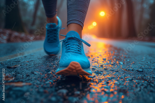 Blue sneakers on a misty forest trail at sunrise, capturing the essence of a committed runner's healthy lifestyle and morning routine