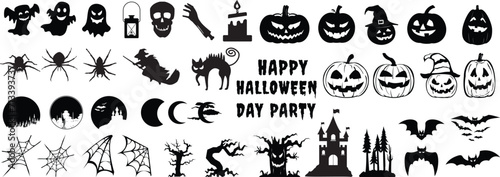 Set of Halloween silhouettes black icon and character. Vector illustration. Isolated on white background.