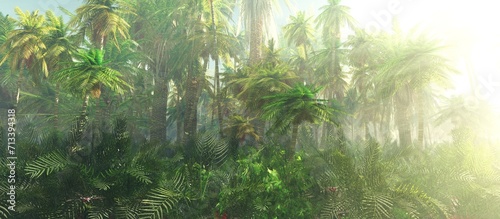 Fototapeta Naklejka Na Ścianę i Meble -  Jungle, beautiful rainforest in the fog, palm trees in the haze, jungle in the morning in the fog, 3D rendering