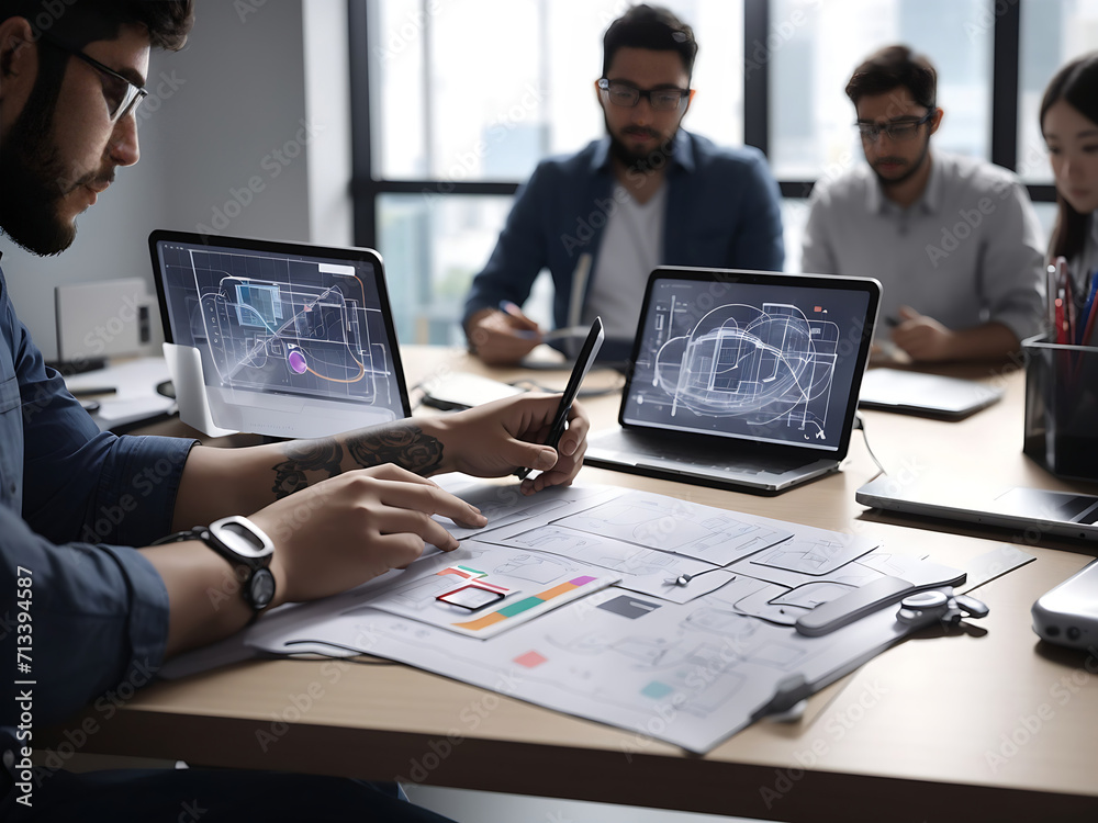 Close up ux developer and ui designer use augmented reality brainstorming about mobile app interface wireframe design on desk at modern office.Creative digital development agency design.