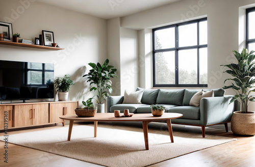 Interior of living room with green houseplants. Sofas  wooden coffee table  furniture. Scandinavian nordic minimalist style. Neutral Gray walls  big panoramic windows. Cozy apartment. Boho home decor