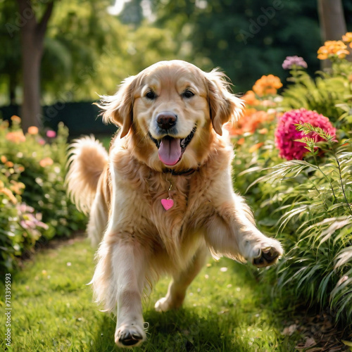 Visualize a happy golden retriever playing in a sunlit park. ai generative