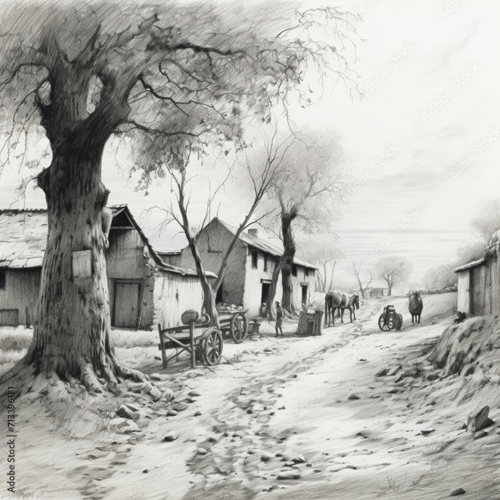 Pencil sketch typical village life painting image Generative AI Pencil sketch typical village life painting image Generative AI