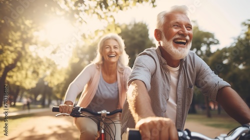 Cheerful_active_senior_couple_with_bicycle_in_public ai generative images