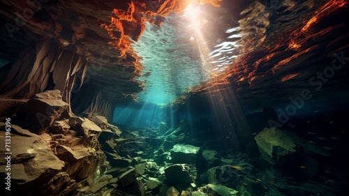 An underwater cavern with beams of sunlight penetrating through the water, illuminating the mysterious depths below -Generative Ai