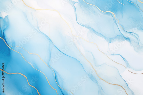 Abstract blue liquid watercolor background with golden lines. Pastel marble alcohol ink drawing .Generative AI.