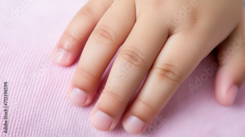 Close-up macro of child hand gently, symbolizing nails care. Little girl, boy bite their fingernails. Bad habit, stress, nerves.