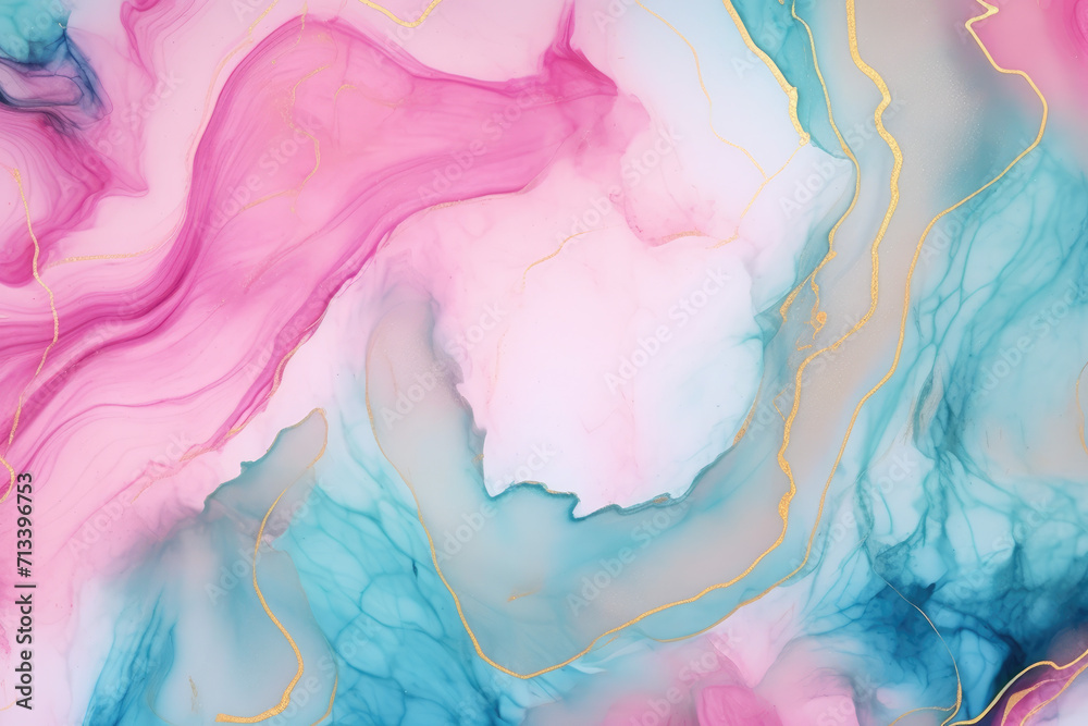 Abstract blue pink liquid watercolor background with golden lines. Pastel marble alcohol ink drawing .Generative AI