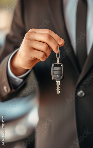 Close-up photo of a car salesman, in an elegant suit, holding the keys to the newly sold car