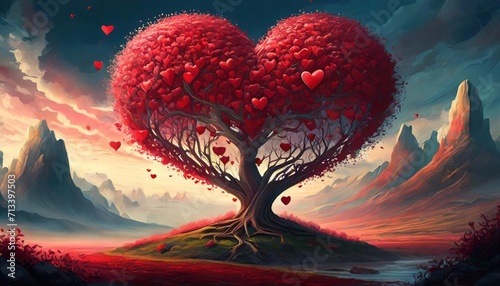 tree of love red heart shaped tree landscape valentine s day background photo