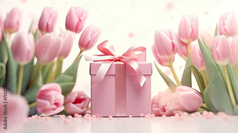 A combination of pink tulips and a gift box.