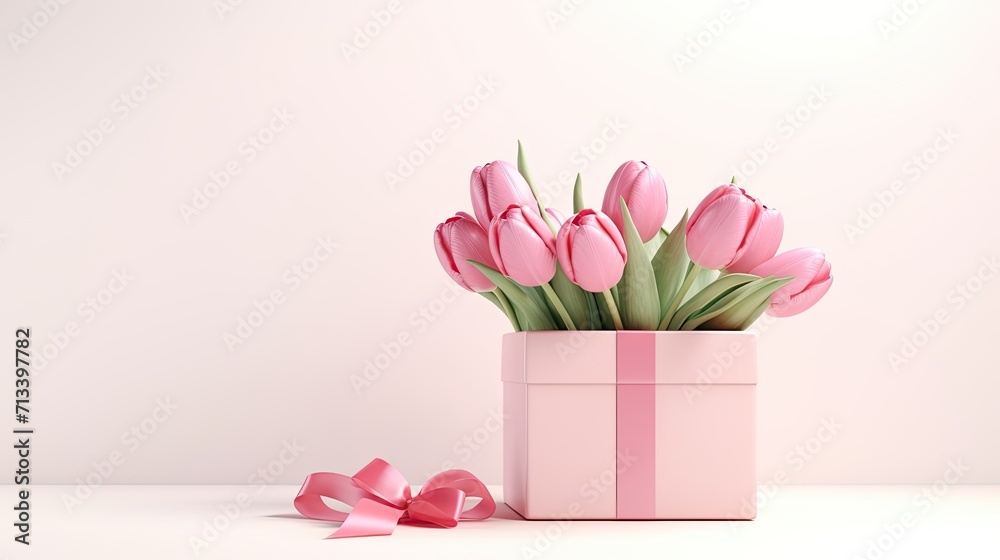 Fototapeta premium A combination of pink tulips and a gift box.
