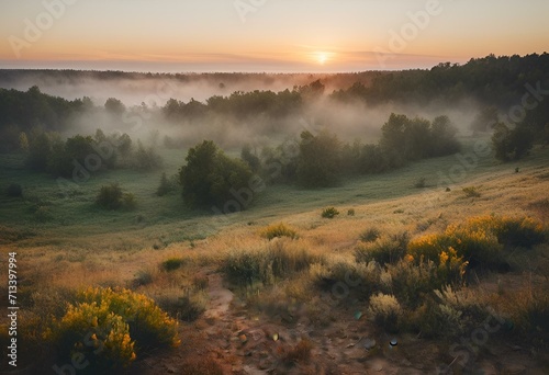 the sun rises over the misty green fields near a foggy meadow