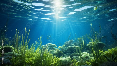 An underwater forest of swaying seagrass, home to a variety of marine life, bathed in the gentle glow of sunlight filtering through the water -Generative Ai © Online Jack Oliver