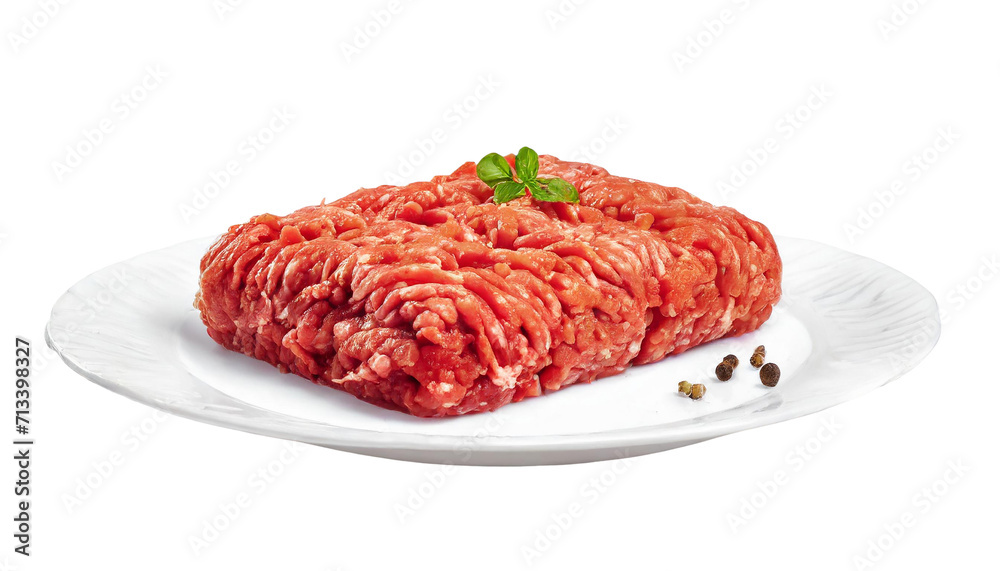 Minced meat on a white plate isolated on transparent background.