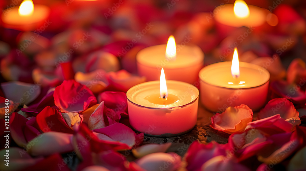 Beautiful romantic red candles with flower petals on dark wooden background Beautiful romantic red candles with flower petals on dark wooden background