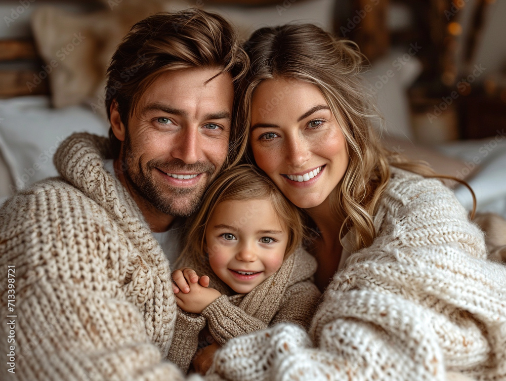 Joyful caucasian family smiling while sitting in white bad before sleep