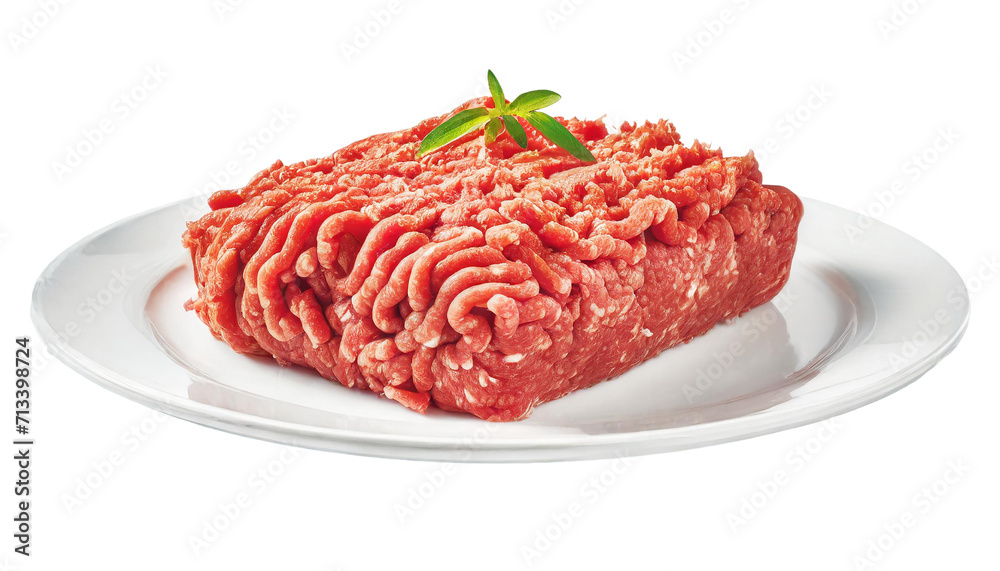 Minced meat on a white plate isolated on transparent background.
