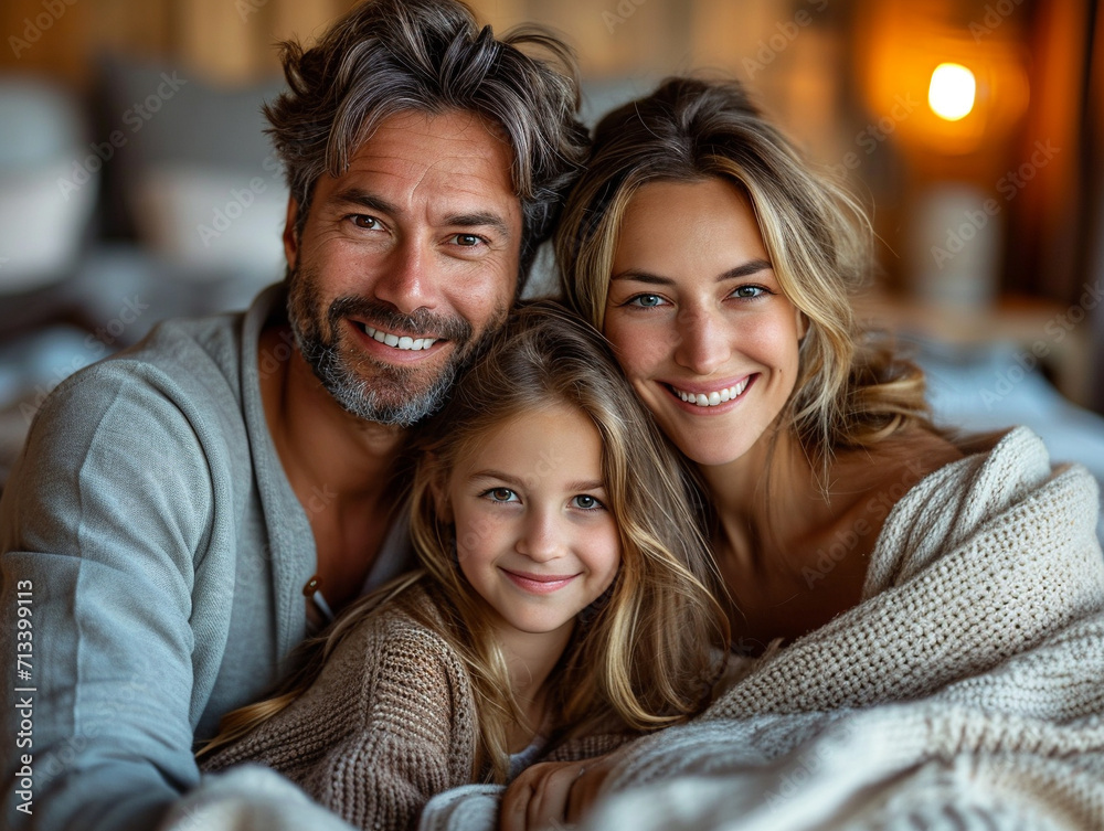 Joyful caucasian family smiling while sitting in white bad before sleep Joyful caucasian family smiling while sitting in white bad before sleep