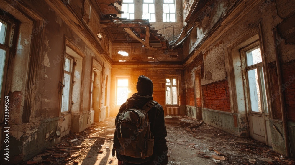 Urban explorer in an abandoned building, back to the camera, exploring mysterious corridors, ambient light through broken windows, adventure and urban theme Urban explorer in an abandoned building, back to the camera, exploring mysterious corridors, ambient light through broken windows, adventure and urban theme