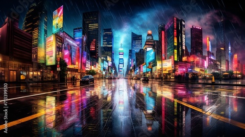 An urban panorama during a summer storm, with rain-soaked streets reflecting the vibrant colors of neon signs and city lights-Generative Ai © Online Jack Oliver
