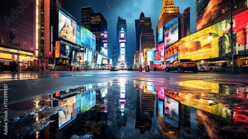 An urban panorama during a summer storm, with rain-soaked streets reflecting the vibrant colors of neon signs and city lights-Generative Ai © Online Jack Oliver