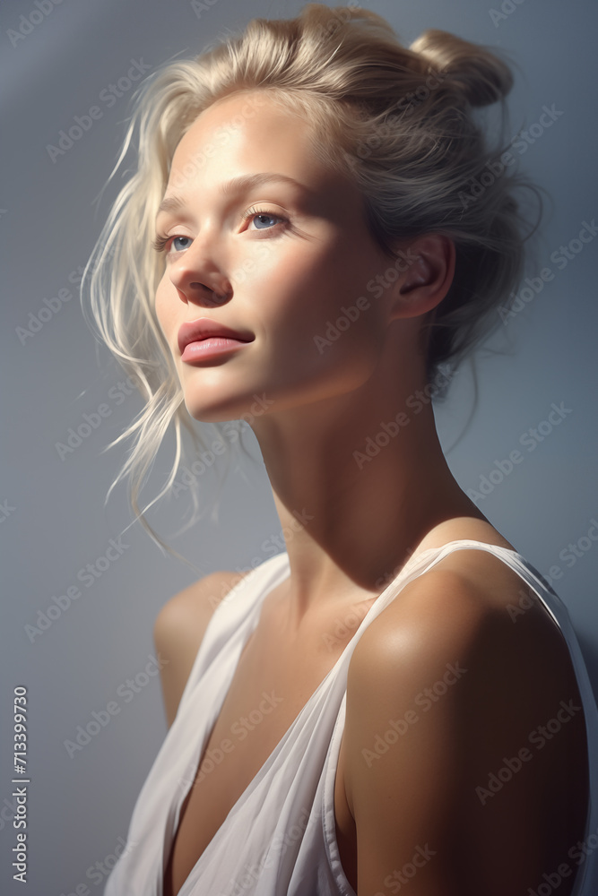 portrait of a beautiful woman with a high bun of blond hair