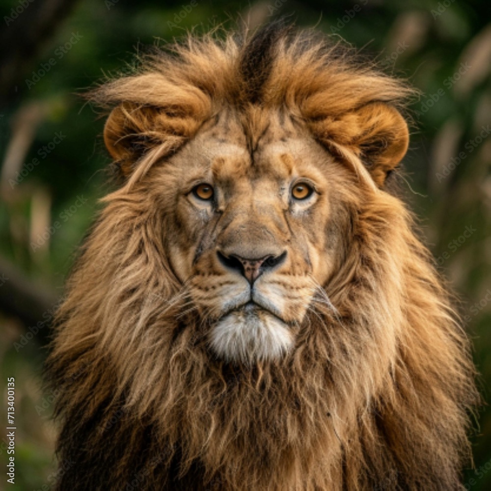 Wild animals in the wild. Portrait of an African lion with a fluffy mane.