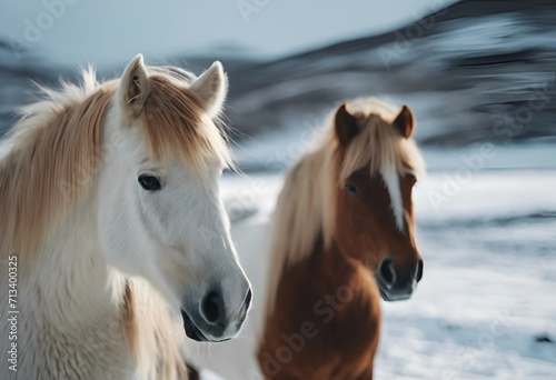 two horses on a snowy field with mountains in the background